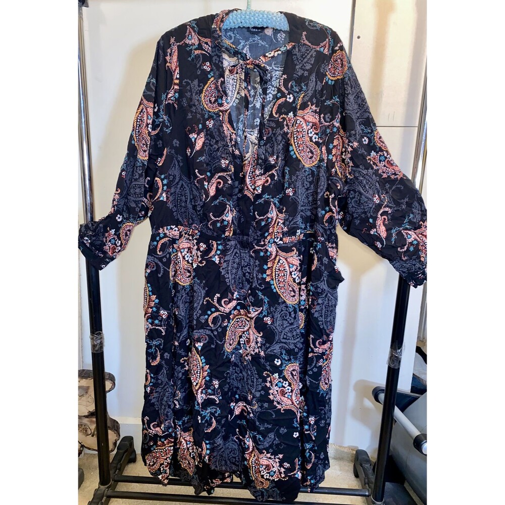 Torrid Dress Black Challis Skater Paisley sz 30 Midi Holiday Thanksgiving